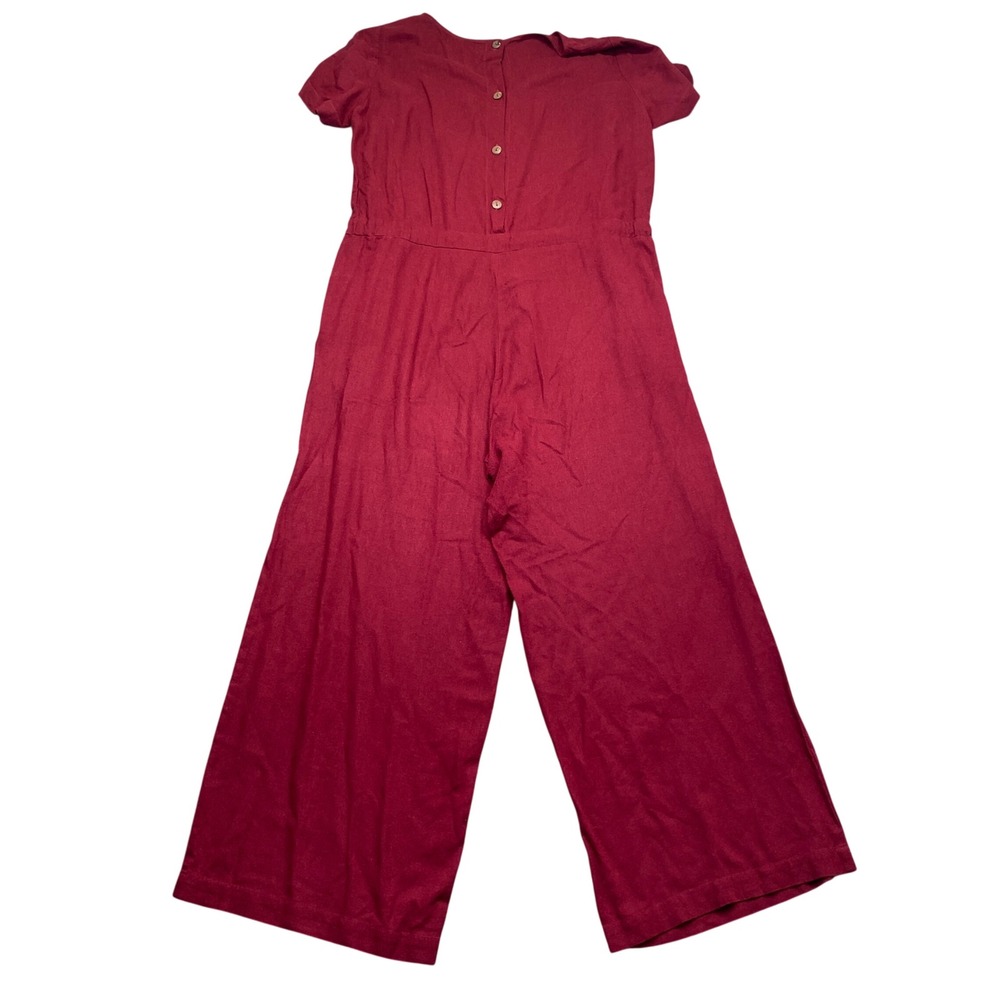 Linen Blend Short Sleeve Wide Leg‎ Jumpsuit Red Wine Button Back Tie Waist